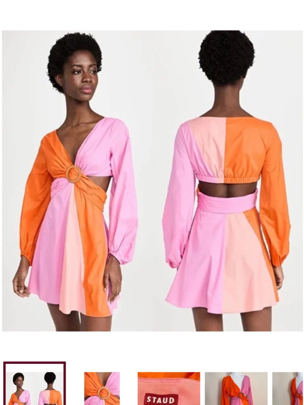 STAUD Pink and Orange Colorblock Ring-Front Long Sleeve Mini Dress